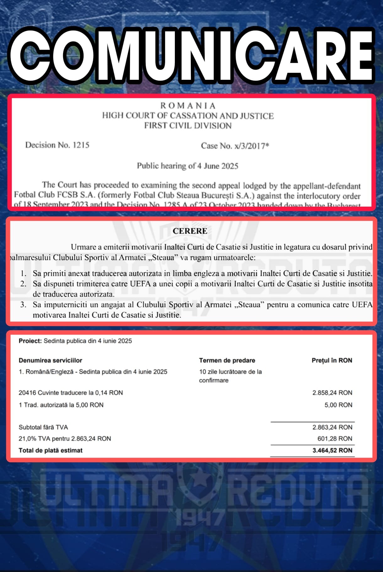 Traducere autorizată a motivării ÎCCJ — Ultima Redută 1947